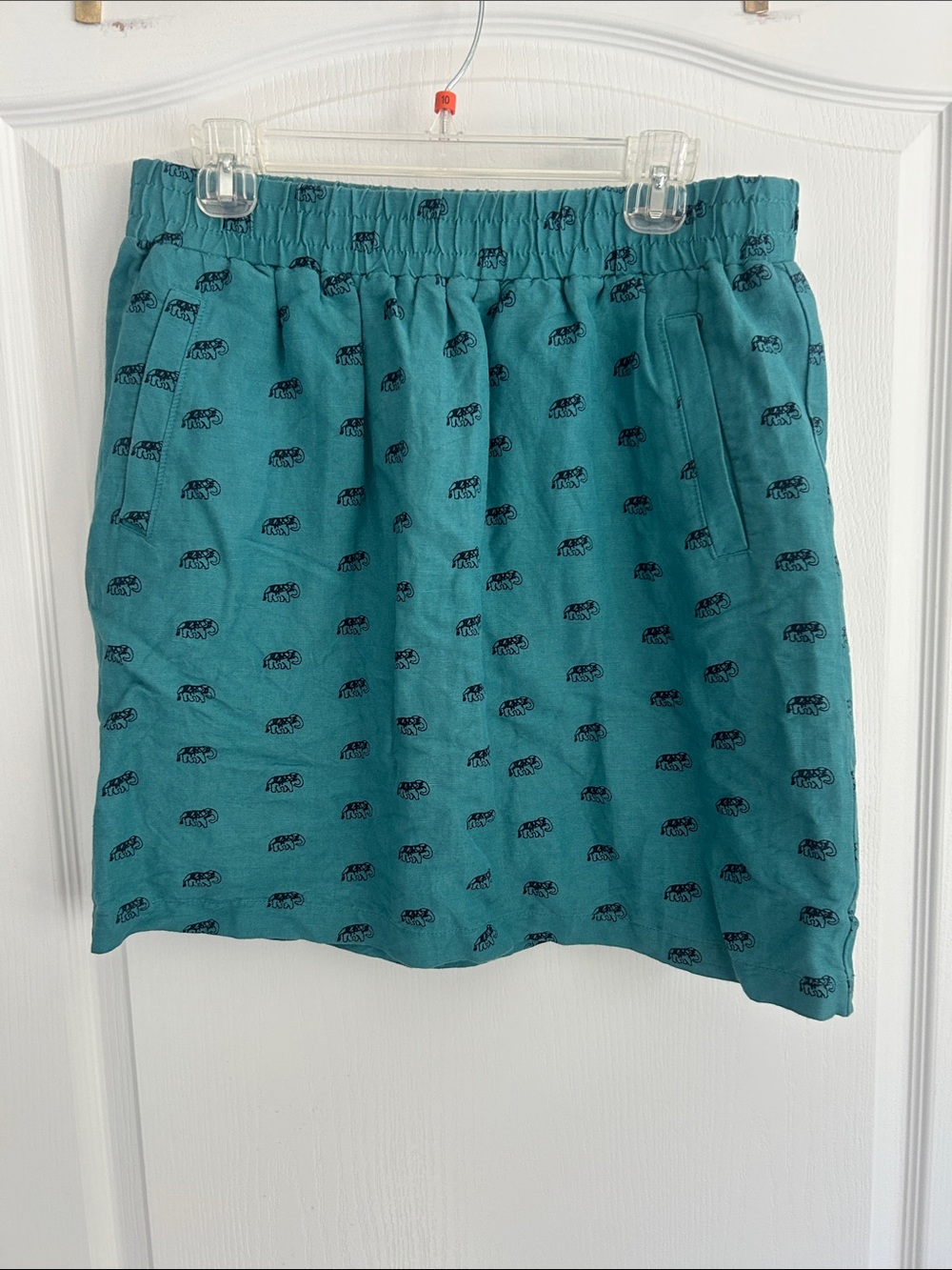 Vtg LOFT Teal Skirt elephant Print medium pockets elastic waist medium linen